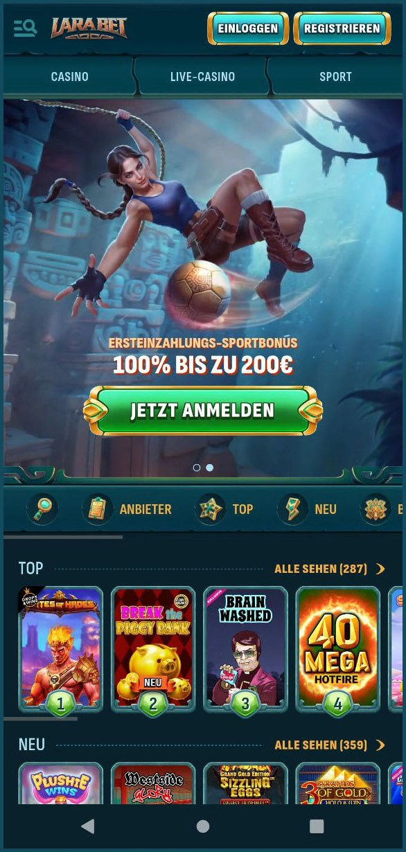 Überblick zur Hauptnavigation von Larabet Casino